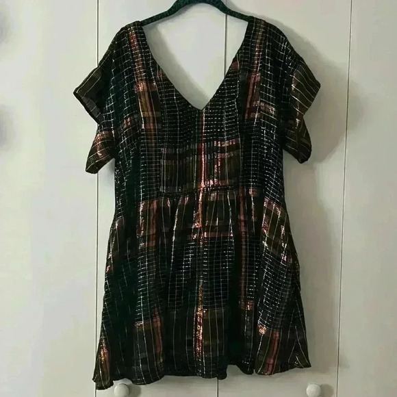 Free people plaid, baby doll dress metallic black rose gold - Picture 1 of 5